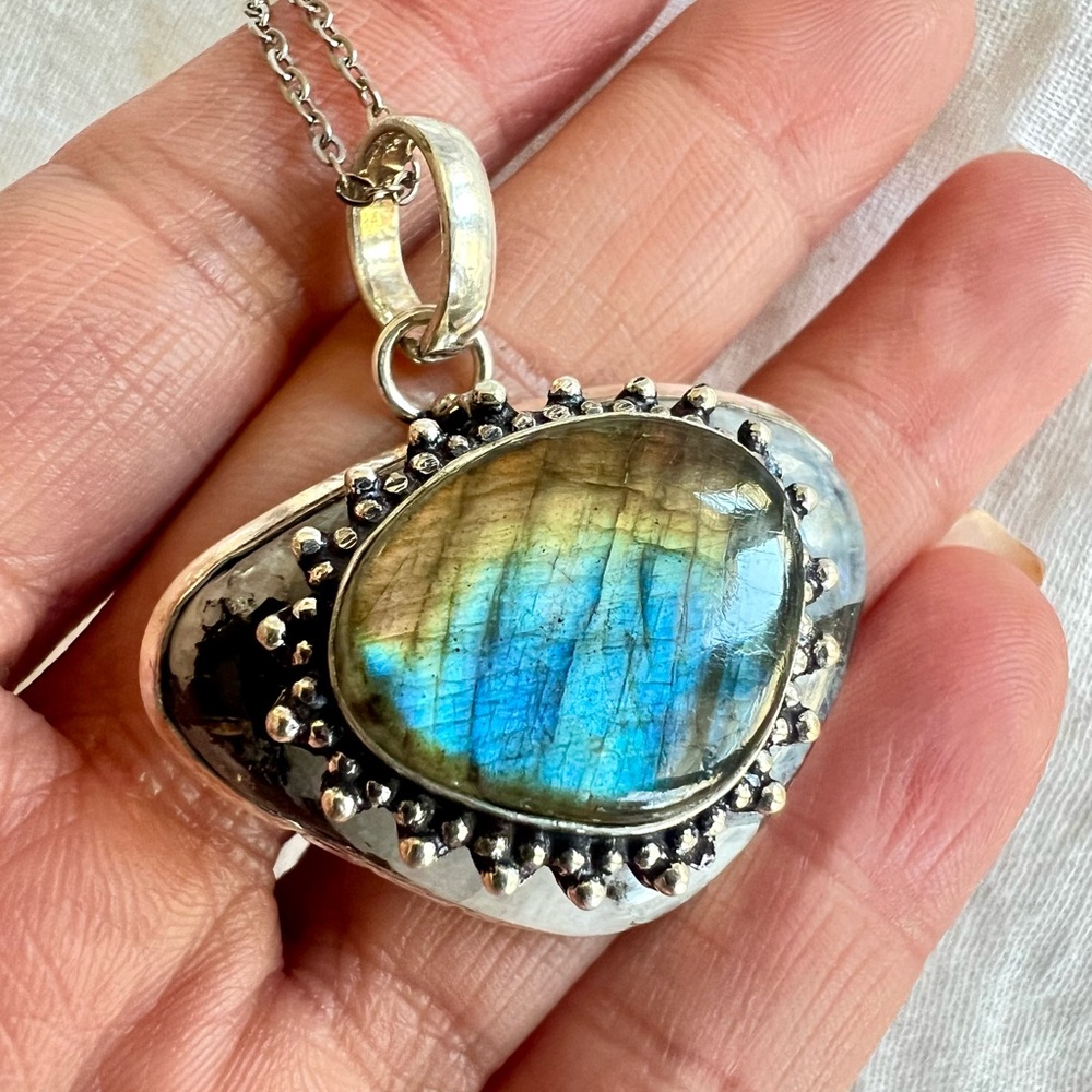 925 Layered FLASH Labradorite + Rainbow Moonstone w/ Blk TOURMALINE!! necklace